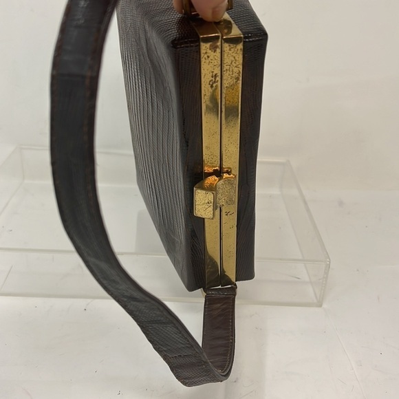 Harry Revits Lizard Reptile Dark Brown and Brass Structured Leather Box Handbag - Picture 8 of 13